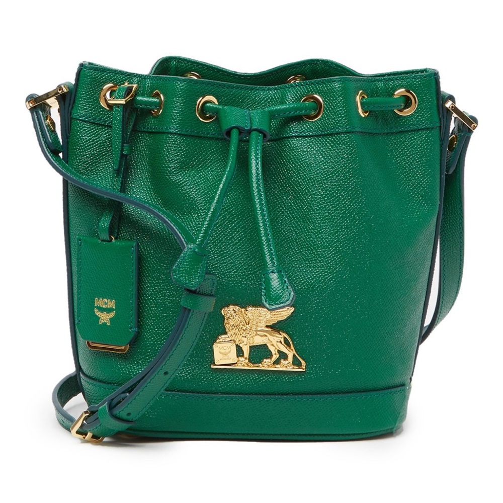 NEW MCM DARK GREEN LEATHER RGB MINI BUCKET BAG